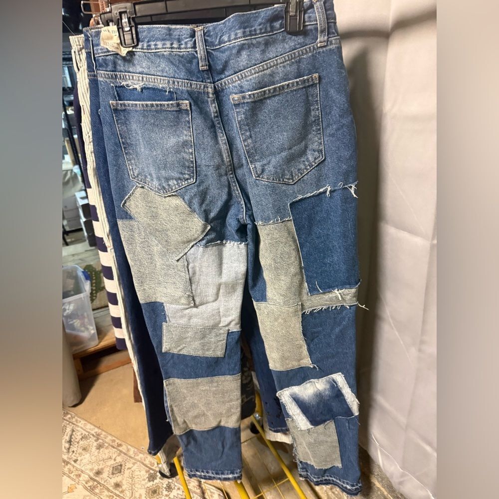 Free People Patchwork Straight Leg Jeans in Light Blue and Dark Blue - Picture 7 of 9